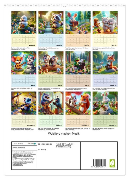 Produktbild: Waldtiere machen Musik (hochwertiger Premium Wandkalender 2026 DIN A2 hoch), Kunstdruck in Hochglanz