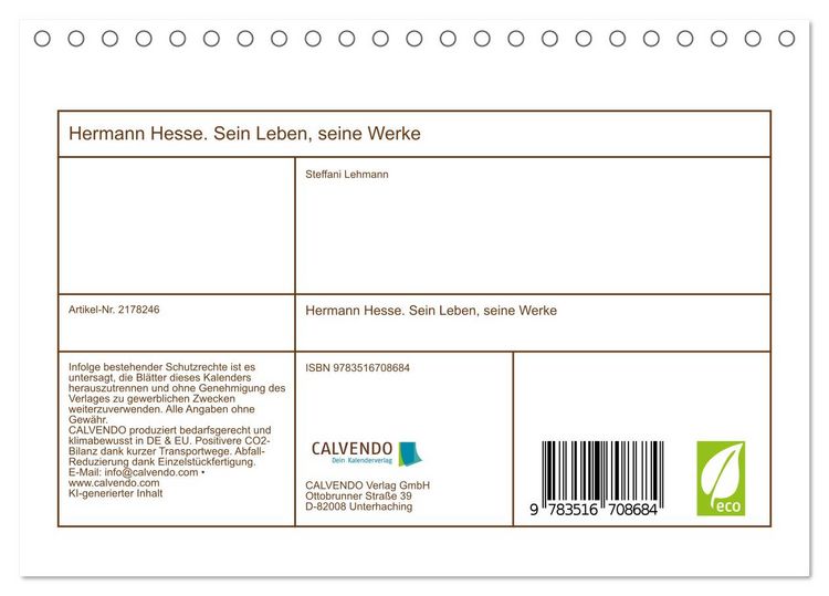 Produktbild: Hermann Hesse. Sein Leben, seine Werke (Tischkalender 2026 DIN A5 quer), CALVENDO Monatskalender