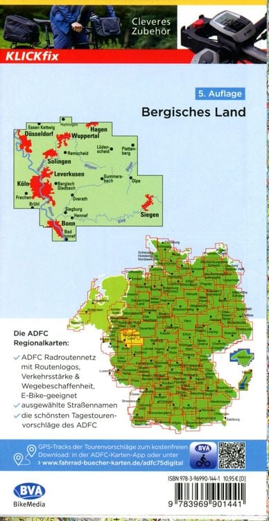Produktbild: ADFC-Regionalkarte Bergisches Land K&ouml;ln/D&uuml;sseldorf 1:75.000, rei&szlig;- und wetterfest, GPS-Tracks Download