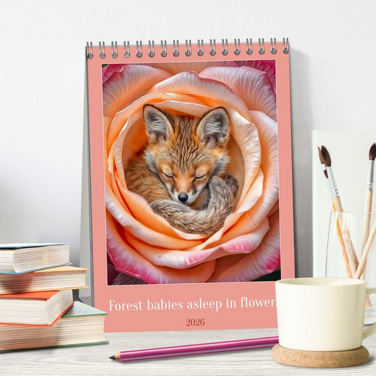 Produktbild: Forest babies asleep in flowers (Desk Calendar 2026 DIN A5 portrait), CALVENDO 12 Month DeskCalendar