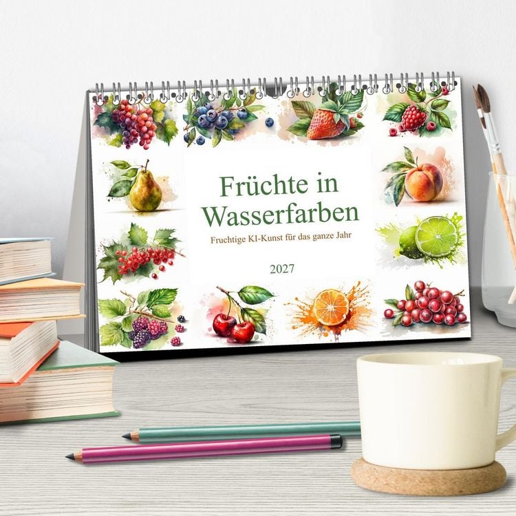 Produktbild: Fr&uuml;chte in Wasserfarben - Fruchtige KI-Kunst f&uuml;r das ganze Jahr (Tischkalender 2027 DIN A5 quer), CALVENDO Monatskalender