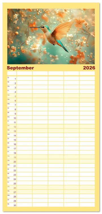 Produktbild: Familienplaner 2026 - Fliegende Kunstwerke - Kolibris mit 5 Spalten (Wandkalender, 21 x 45 cm) CALVENDO