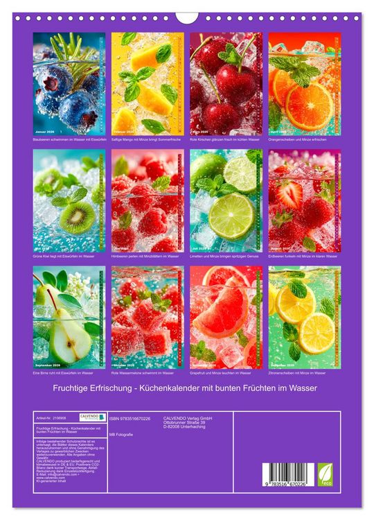 Produktbild: Fruchtige Erfrischung - K&uuml;chenkalender mit bunten Fr&uuml;chten im Wasser (Wandkalender 2026 DIN A3 hoch), CALVENDO Monatskalender