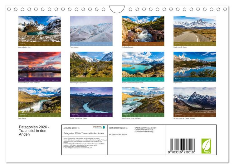 Produktbild: Patagonien 2026 - Traumziel in den Anden (Wandkalender 2026 DIN A4 quer), CALVENDO Monatskalender