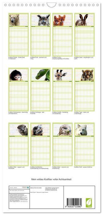 Produktbild: Familienplaner 2026 - Mein wildes Krafttier voller Achtsamkeit mit 5 Spalten (Wandkalender, 21 x 45 cm) CALVENDO