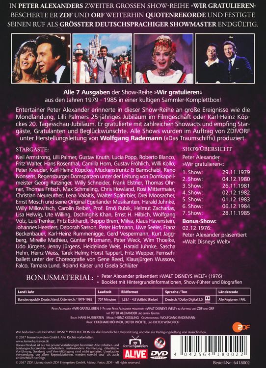 Produktbild: Die Peter Alexander 'Wir gratulieren' Show - Komplettbox (Alle 7 ZDF-Shows plus Disneys Welt) - Fernsehjuwelen [4 DVDs]