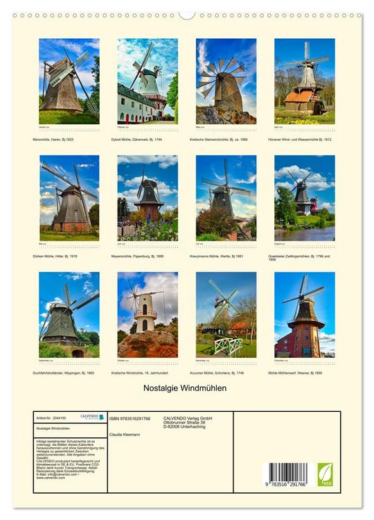 Produktbild: Nostalgie Windm&uuml;hlen (hochwertiger Premium Wandkalender 2026 DIN A2 hoch), Kunstdruck in Hochglanz