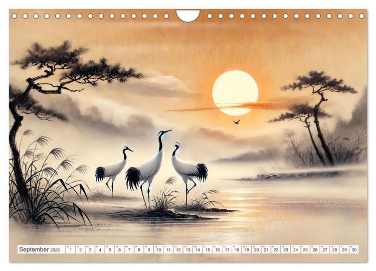 Produktbild: Eleganz der Kraniche - Majest&auml;tische V&ouml;gel in poetischer Tusche (Wandkalender 2026 DIN A4 quer), CALVENDO Monatskalender