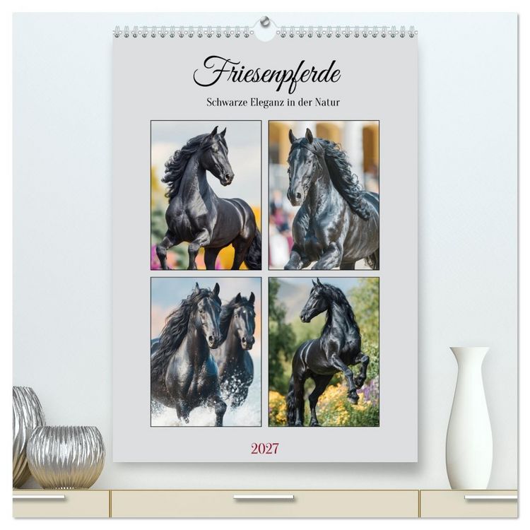 Produktbild: Friesenpferde. Schwarze Eleganz in der Natur (hochwertiger Premium Wandkalender 2027 DIN A2 hoch), Kunstdruck in Hochglanz