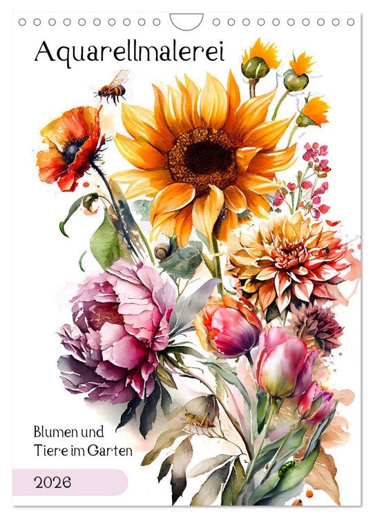 Produktbild: Aquarellmalerei - Blumen und Tiere im Garten (Wandkalender 2026 DIN A4 hoch), CALVENDO Monatskalender