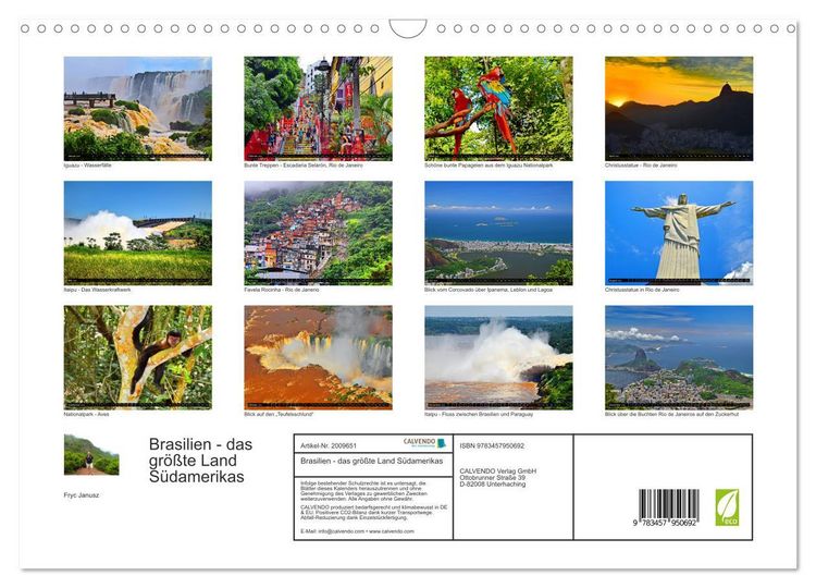 Produktbild: Brasilien - das gr&ouml;&szlig;te Land S&uuml;damerikas (Wandkalender 2026 DIN A3 quer), CALVENDO Monatskalender