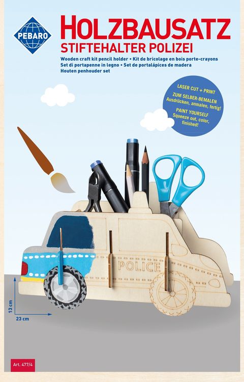 Produktbild: PEBARO 477/4 - Holzbausatz Stiftehalter Polizeiauto, Laser cut Bastelset