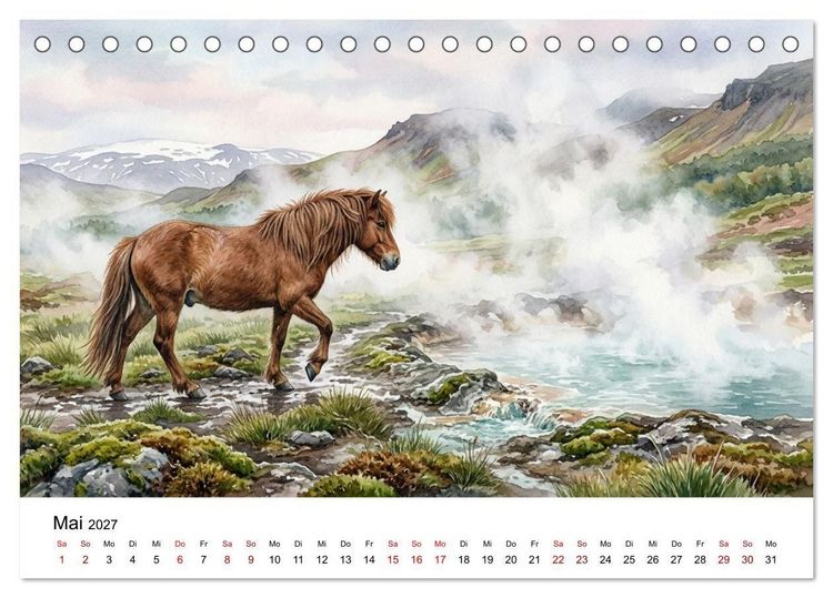 Produktbild: Magie der Islandpferde im Aquarellstil (Tischkalender 2027 DIN A5 quer), CALVENDO Monatskalender