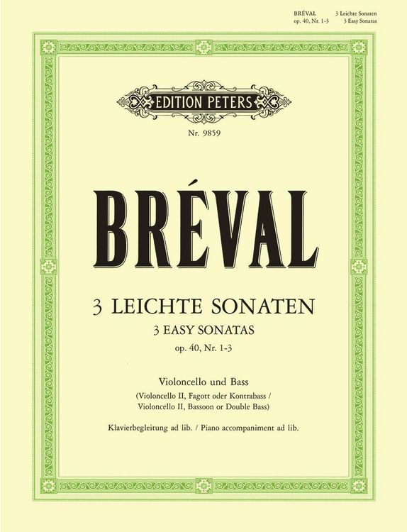 Produktbild: Br&eacute;val, J: 3 Easy Sonatas for Cello and Bass Instrument (Pia