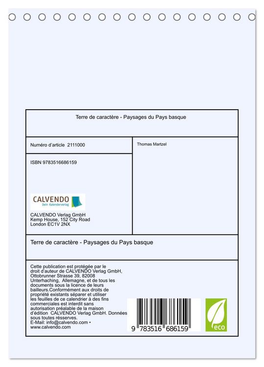 Produktbild: Terre de caract&egrave;re - Paysages du Pays basque (Calendrier de bureau 2026 DIN A5 horizontal), CALVENDO calendrier mensuel