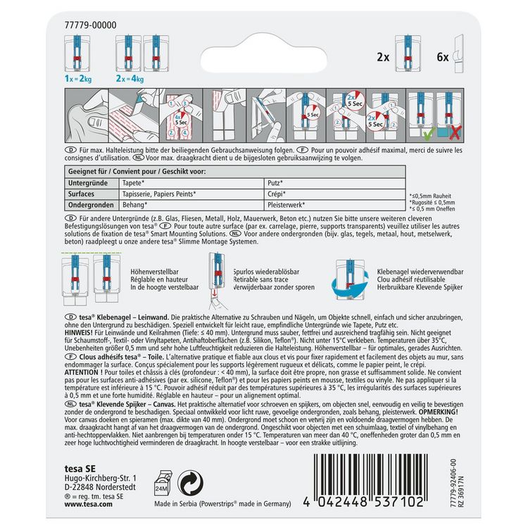 Produktbild: TESA&reg; Powerstrips&reg; Klebenagel Leinwand f&uuml;r Tapete & Putz verstellbar, weiss