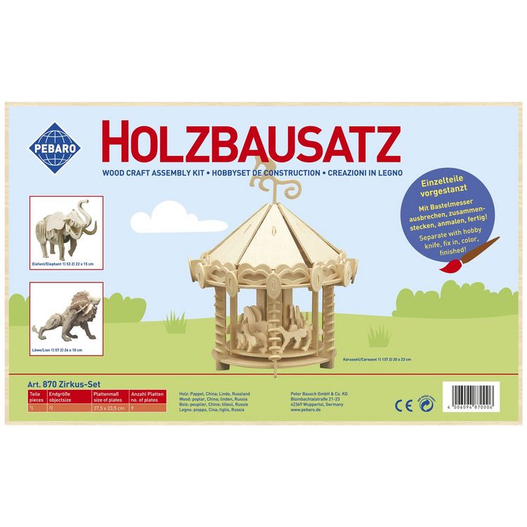 Produktbild: PEBARO 870 - Holzbausatz Zirkus-Set, L&ouml;we, Karussell, Elefant, 3 Holzkonstruktionen zum Zusammenstecken