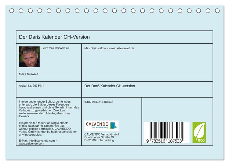 Produktbild: Der Dar&szlig; Kalender CH-Version (Tischkalender 2026 DIN A5 quer), CALVENDO Monatskalender