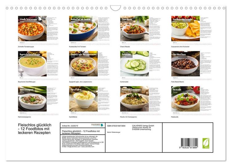 Produktbild: Fleischlos gl&uuml;cklich - 12 Foodfotos mit leckeren Rezepten (Wandkalender 2027 DIN A3 quer), CALVENDO Monatskalender