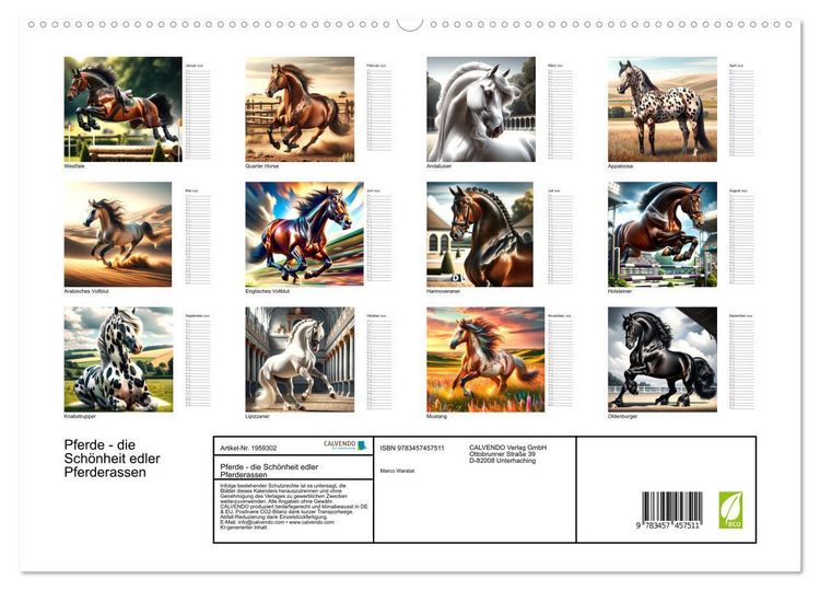 Produktbild: Pferde - die Sch&ouml;nheit edler Pferderassen (hochwertiger Premium Wandkalender 2026 DIN A2 quer), Kunstdruck in Hochglanz