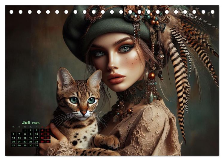 Produktbild: Luxuri&ouml;ser Bohemian Flair - Elegante Frauen mit anmutigen Katzen (Tischkalender 2026 DIN A5 quer), CALVENDO Monatskalender