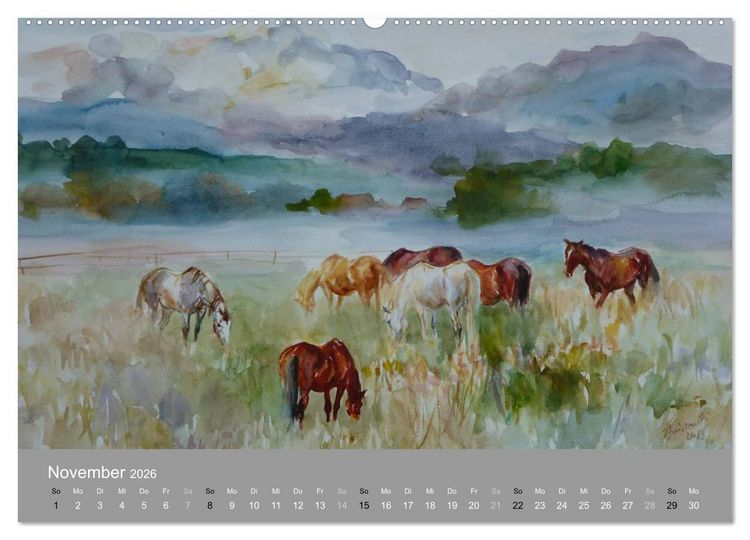 Produktbild: Mit Pferden durch die Jahreszeiten - Pferdebilder in &Ouml;l und Aquarell (Wandkalender 2026 DIN A2 quer), CALVENDO Monatskalender