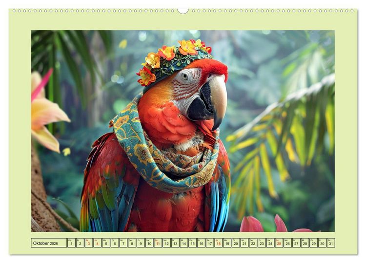 Produktbild: Papageien-Fashion. Farbenfroher Modestil im Dschungel (Wandkalender 2026 DIN A2 quer), CALVENDO Monatskalender