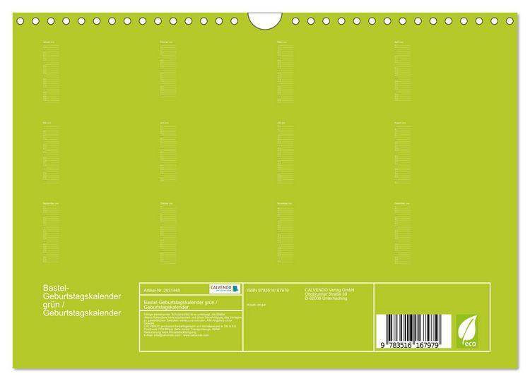 Produktbild: Bastel-Geburtstagskalender gr&uuml;n / Geburtstagskalender (Wandkalender 2026 DIN A4 quer), CALVENDO Monatskalender