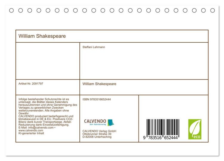 Produktbild: William Shakespeare (Tischkalender 2026 DIN A5 quer), CALVENDO Monatskalender