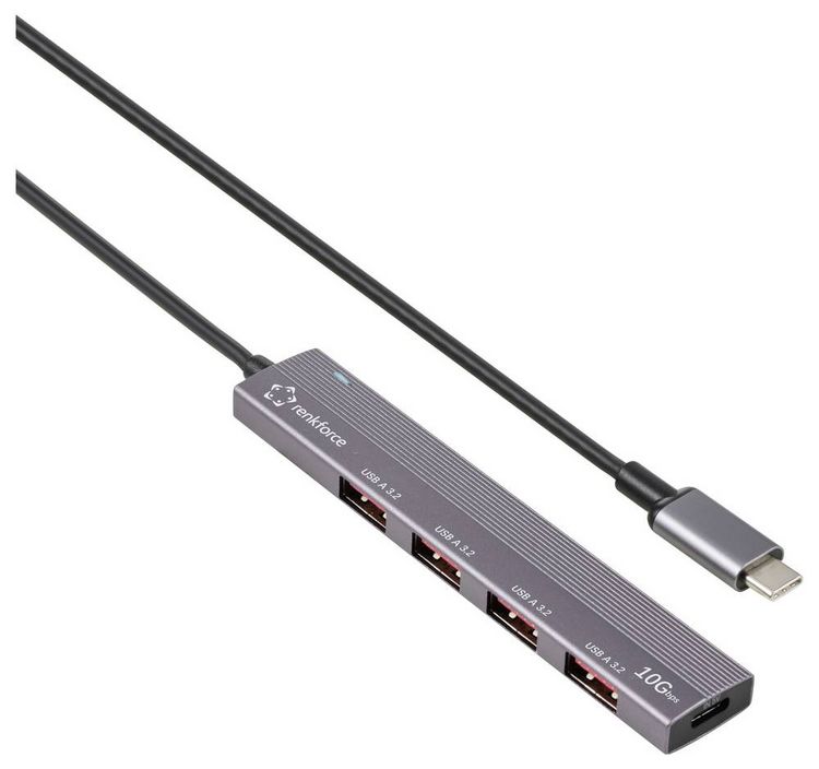 Produktbild: Renkforce RF-6700798 USB-Hub 4 Port USB-A USB 3.2 Gen2 10 GBit/s mit USB-C&reg; Stecker, mit Aluminiumgeh&auml;use, USB-C&reg; PD