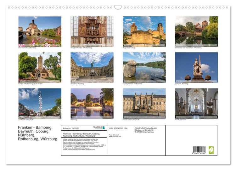 Produktbild: Franken - Bamberg, Bayreuth, Coburg, N&uuml;rnberg, Rothenburg, W&uuml;rzburg (Wandkalender 2026 DIN A2 quer), CALVENDO Monatskalender