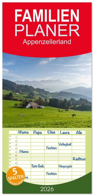Produktbild: Familienplaner 2026 - Appenzellerland mit 5 Spalten (Wandkalender, 21 x 45 cm) CALVENDO