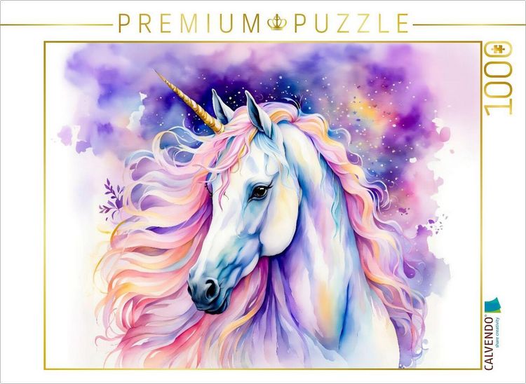 Produktbild: CALVENDO Puzzle Einhorn mit funkelnder M&auml;hne in der Nacht | 1000 Teile Lege-Gr&ouml;&szlig;e 64x48cm Foto-Puzzle f&uuml;r gl&uuml;ckliche Stunden