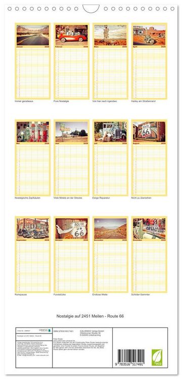 Produktbild: Familienplaner 2026 - Nostalgie auf 2451 Meilen - Route 66 mit 5 Spalten (Wandkalender, 21 x 45 cm) CALVENDO