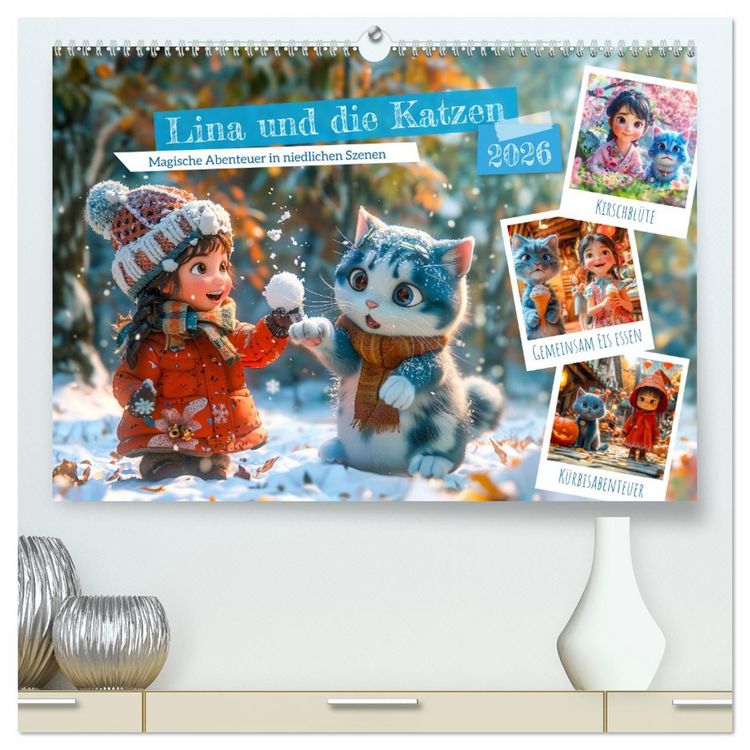 Produktbild: Lina und die Katzen - Magische Abenteuer in niedlichen Szenen (hochwertiger Premium Wandkalender 2026 DIN A2 quer), Kunstdruck in Hochglanz