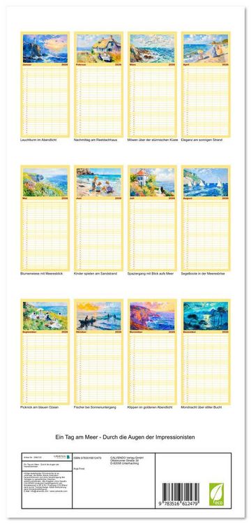 Produktbild: Familienplaner 2026 - Ein Tag am Meer - Durch die Augen der Impressionisten mit 5 Spalten (Wandkalender, 21 x 45 cm) CALVENDO