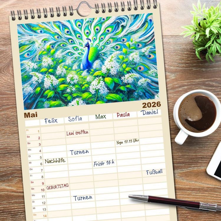 Produktbild: Familienplaner 2026 - Tanz der Pfauen - Jahreszeiten in abstrakter Eleganz mit 5 Spalten (Wandkalender, 21 x 45 cm) CALVENDO