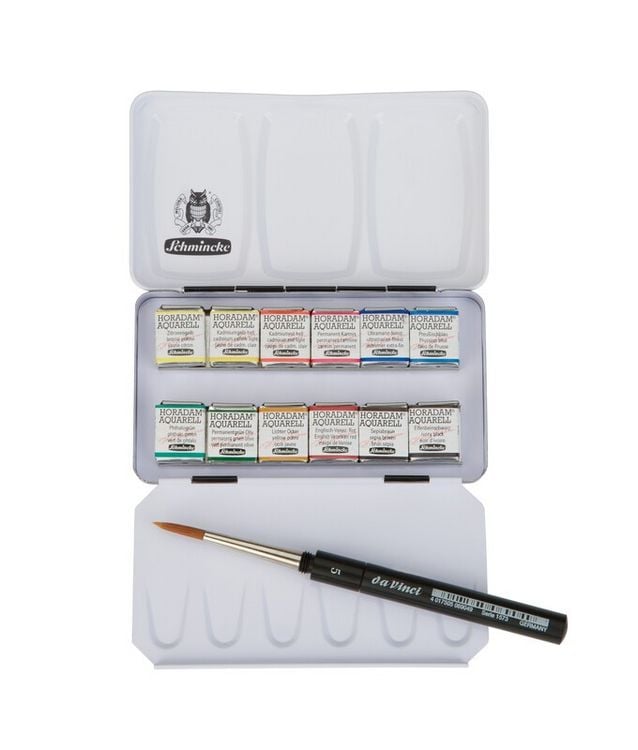 Produktbild: Schmincke Horadam Aquarell, Metallkasten, 12 x 1/2 N&auml;pfchen + daVinci Pinsel