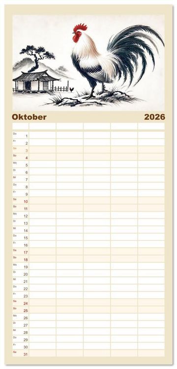 Produktbild: Familienplaner 2026 - Chinesische Tierkreiszeichen - Kunstvolle KI-Tuschemalerei des Ostens mit 5 Spalten (Wandkalender, 21 x 45 cm) CALVENDO