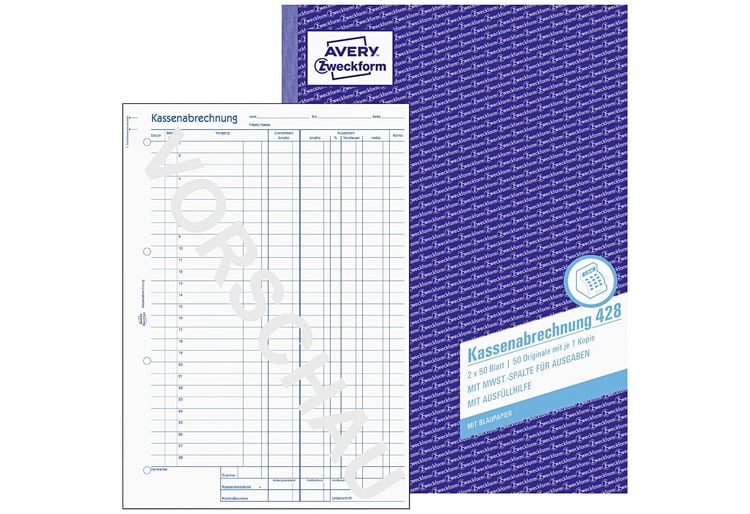 Produktbild: AVERY Zweckform Kassenabrechnung MwSt. Spalte f&uuml;r Ausgaben mit Blaupapier DIN A4 100 Blatt