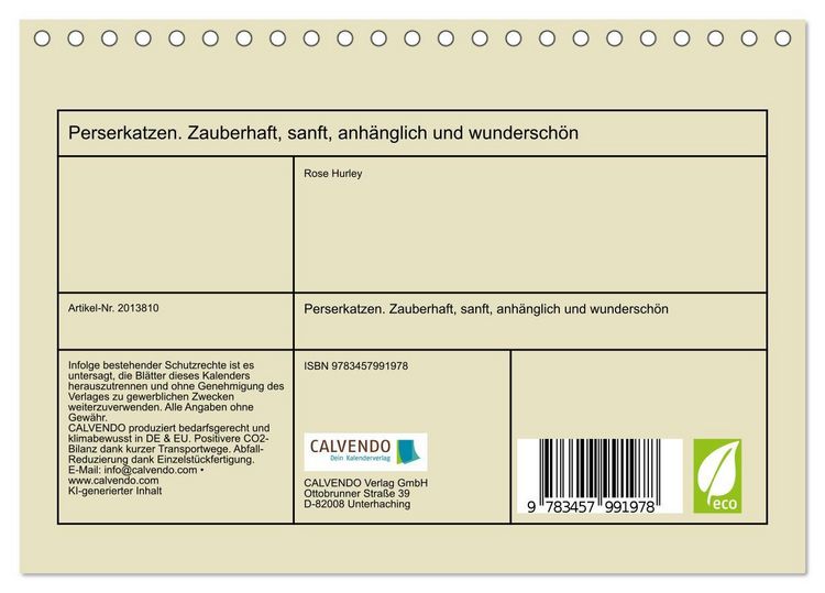 Produktbild: Perserkatzen. Zauberhaft, sanft, anh&auml;nglich und wundersch&ouml;n (Tischkalender 2026 DIN A5 quer), CALVENDO Monatskalender