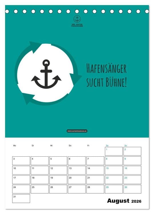 Produktbild: hafenprinzessin: Ankertr&auml;ume & Meer - Der moderne Zitate-Wandkalender f&uuml;r maritime Lebensmomente! (Tischkalender 2026 DIN A5 hoch), CALVENDO Monatskalender