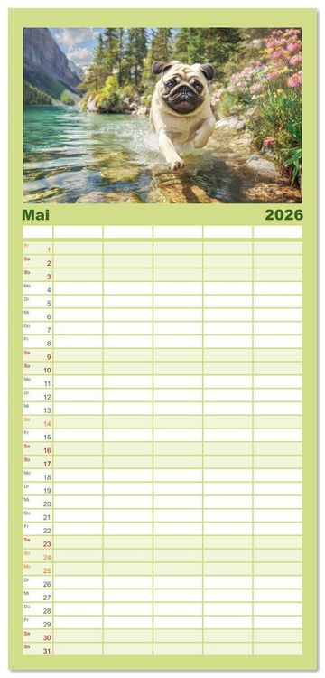 Produktbild: Familienplaner 2026 - Mops trifft Berglust. Fidele Gipfelst&uuml;rmer im H&ouml;henrausch mit 5 Spalten (Wandkalender, 21 x 45 cm) CALVENDO
