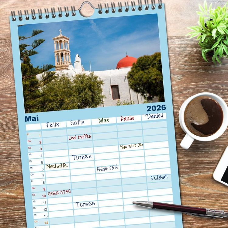 Produktbild: Familienplaner 2026 - Mykonos - Natur, Meer und wei&szlig;e W&auml;nde mit 5 Spalten (Wandkalender, 21 x 45 cm) CALVENDO