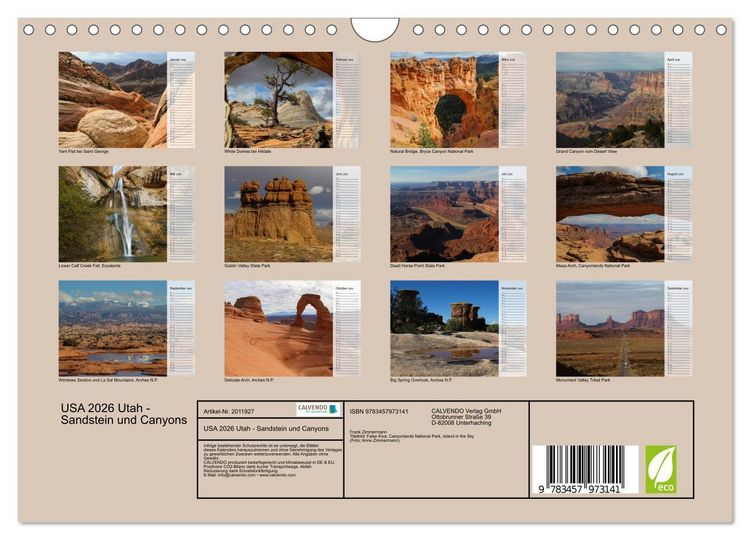 Produktbild: USA 2026 Utah - Sandstein und Canyons (Wandkalender 2026 DIN A4 quer), CALVENDO Monatskalender