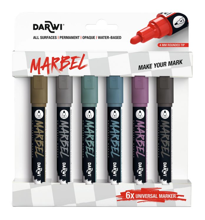 Produktbild: MARBEL Set mit 6 Universalmarkern Acrylfarben, Rundspitze medium 4mm, Metallic-Farben