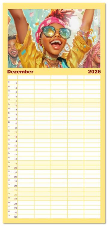 Produktbild: Familienplaner 2026 - Feiern und Musik - Beschwingt dabei mit 5 Spalten (Wandkalender, 21 x 45 cm) CALVENDO
