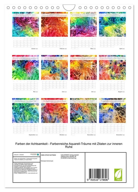 Produktbild: Farben der Achtsamkeit - Farbenreiche Aquarell-Tr&auml;ume mit Zitaten zur inneren Ruhe (Wandkalender 2026 DIN A4 hoch), CALVENDO Monatskalender
