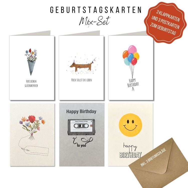 Produktbild: KEITCARDS Geburtstagskarten mixed Set - 3 Postkarten und 3 Klappkarten