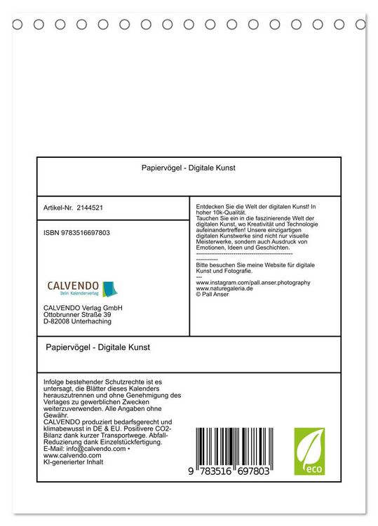 Produktbild: Papierv&ouml;gel - Digitale Kunst (Tischkalender 2026 DIN A5 hoch), CALVENDO Monatskalender